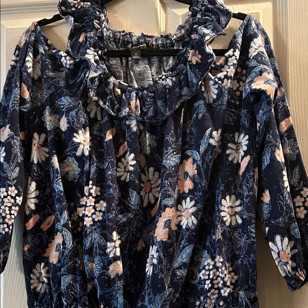 INC International Concepts Navy Floral Blouse Cold Shoulder